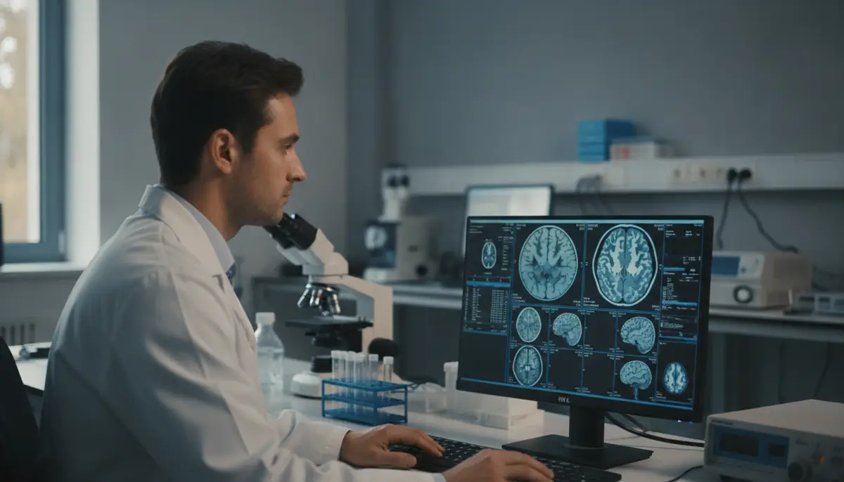 Chercheur observant une imagerie cerebrale sur un ecran dans un laboratoire de neurosciences