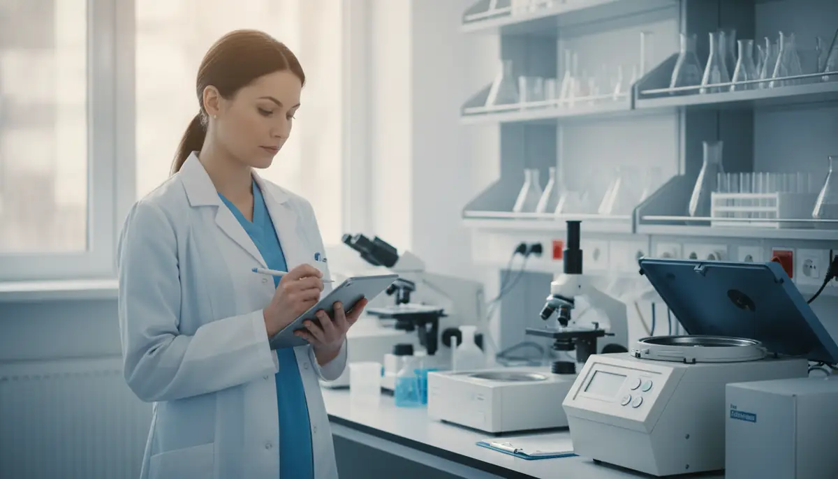 Chercheuse en blouse blanche notant des resultats sur une tablette dans un laboratoire clair