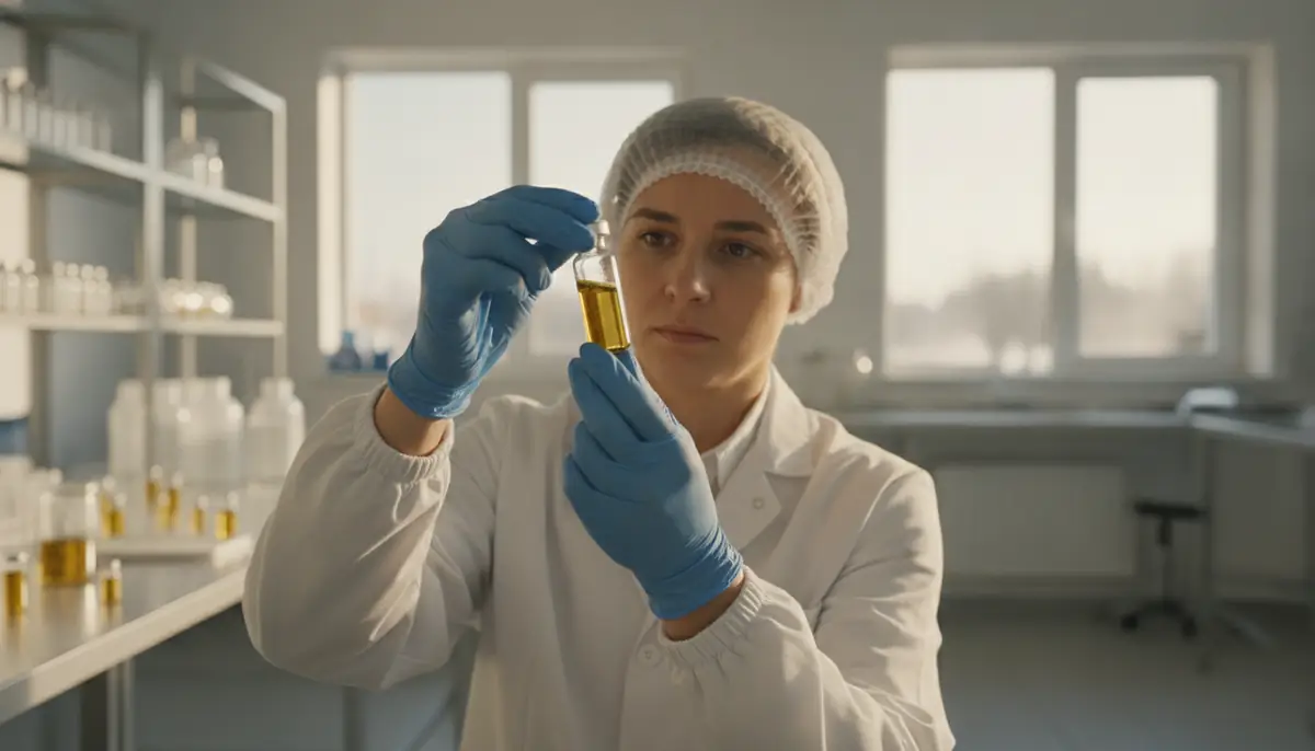 Technicien en blouse blanche controlant des flacons d'extrait de cannabis dans un laboratoire pharmaceutique