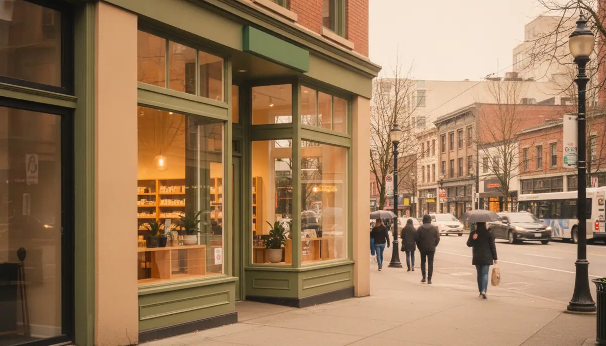 Devanture d'un magasin de cannabis legal dans une rue commercante au Canada