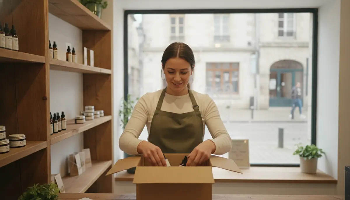 Étals d'une boutique de CBD en France avec des flacons et des bocaux retirés de la vente
