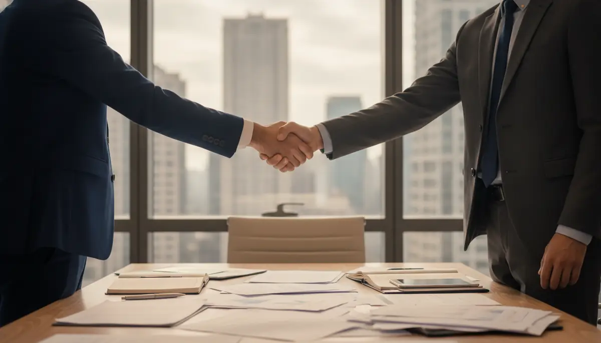 Deux personnes en costume se serrant la main au-dessus d'une table de reunion couverte de documents