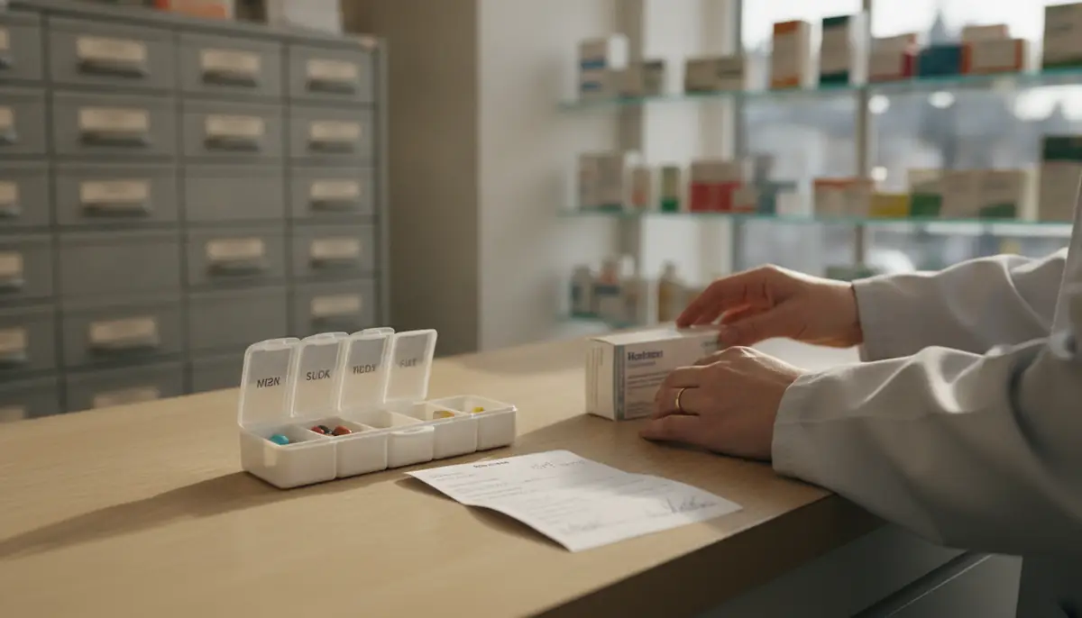 Comptoir de pharmacie avec un pilulier et une ordonnance, lumière douce du matin