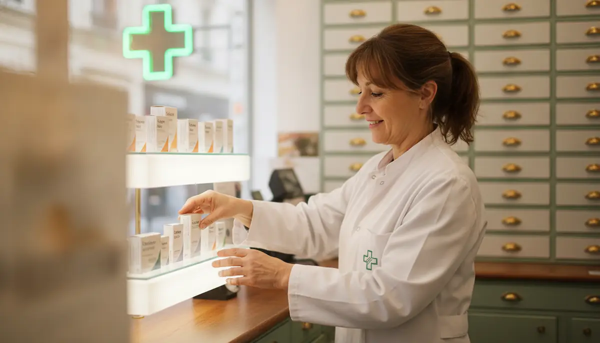 Une pharmacie francaise avec un pharmacien au comptoir, ambiance sobre et professionnelle
