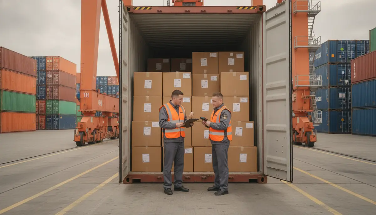 Conteneurs maritimes inspectes par des agents des douanes sur un terminal portuaire europeen