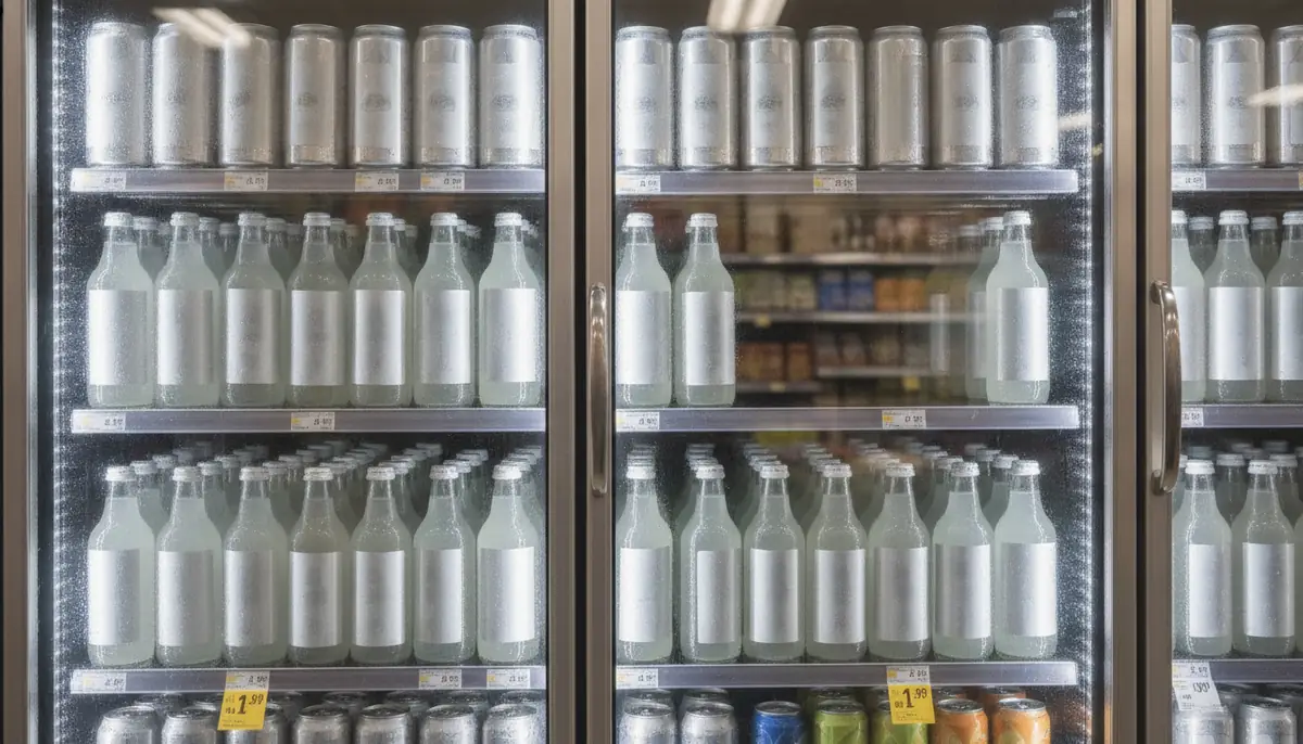 Rayon refrigere d'un magasin americain presentant des canettes de boissons non alcoolisees