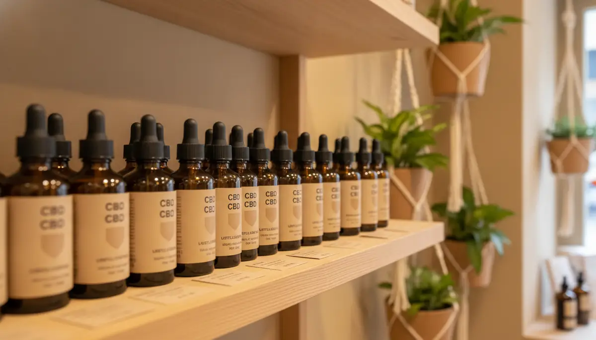 Rayon d'une boutique specialisee avec des flacons d'huile de CBD alignes sur des etageres