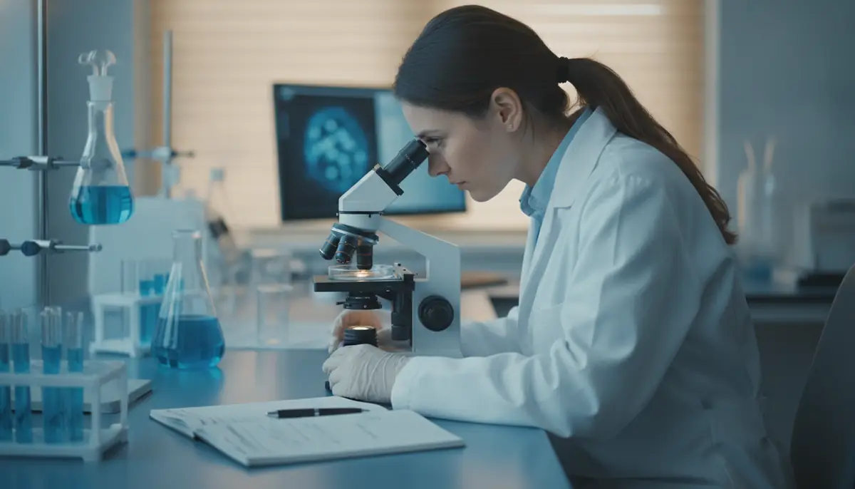 Une chercheuse observe des cellules au microscope dans un laboratoire d oncologie