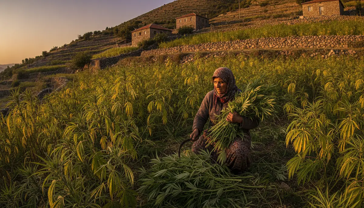 Agricultrice récoltant des plants de cannabis dans un champ en terrasses des montagnes du Rif marocain, lumière de fin de journée