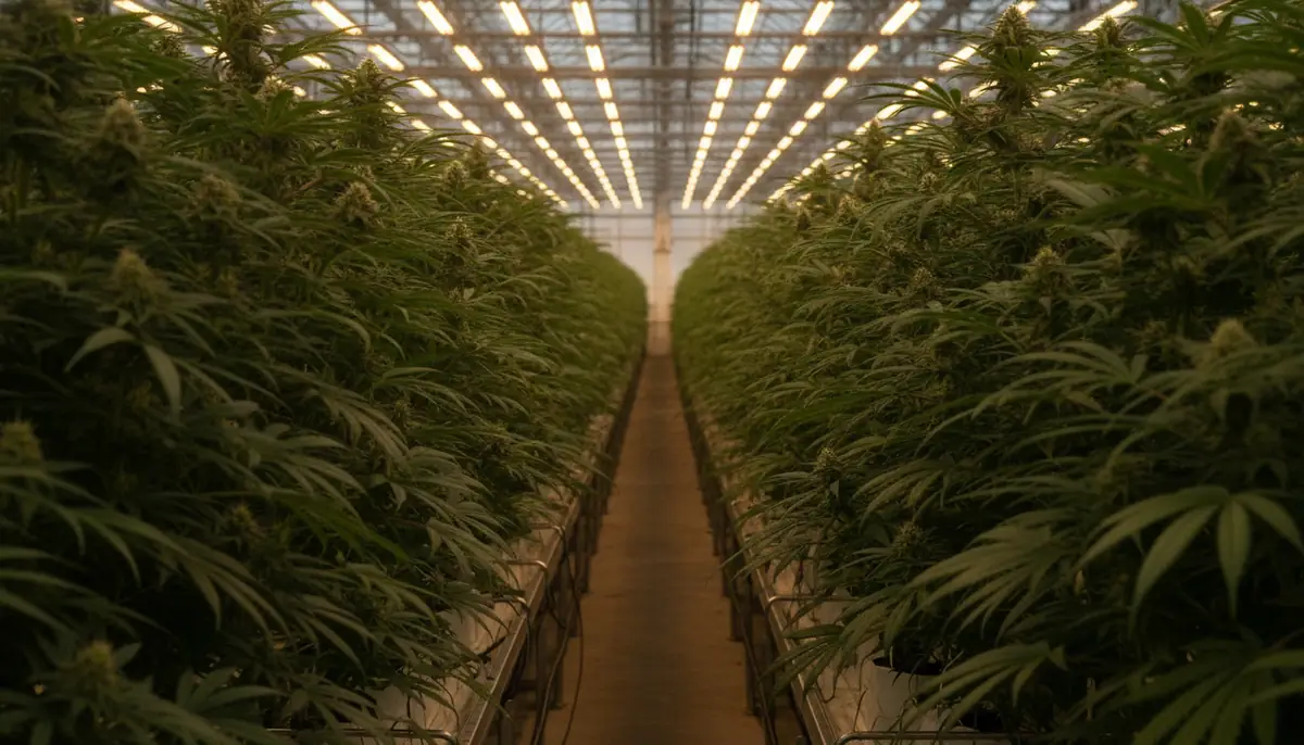 Rangées de plants de cannabis dans une serre de production sous éclairage horticole