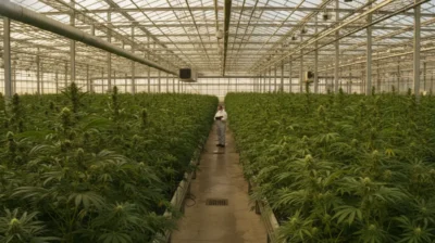 Grande serre industrielle de production de cannabis avec de longues rangées de plants sous une verrière