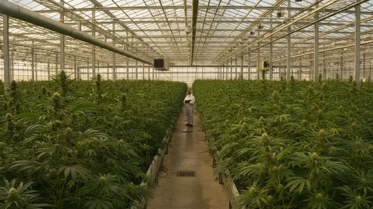 Grande serre industrielle de production de cannabis avec de longues rangées de plants sous une verrière