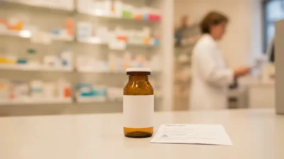 Flacon de cannabis médical sur ordonnance posé sur un comptoir de pharmacie, lumière chaude