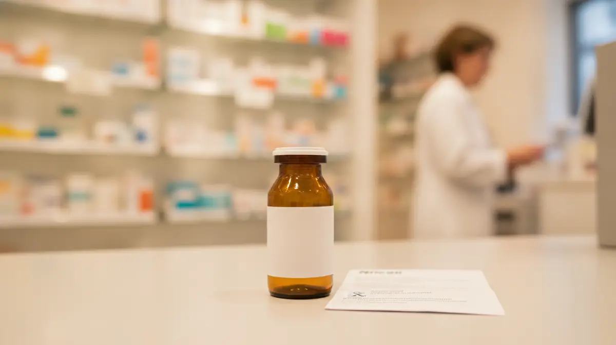 Flacon de cannabis médical sur ordonnance posé sur un comptoir de pharmacie, lumière chaude