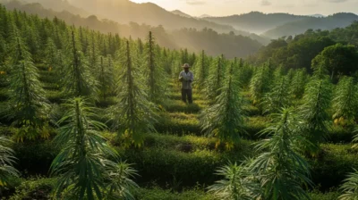 Champ de cannabis en terrasses sur une colline tropicale, un cultivateur au milieu des plants au lever du jour