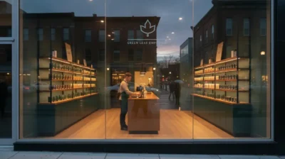 Magasin de cannabis vu depuis la rue à travers une grande vitrine dégagée, un vendeur visible à l'intérieur