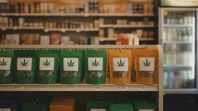 Comestibles et gommes au chanvre alignés sur un présentoir de commerce
