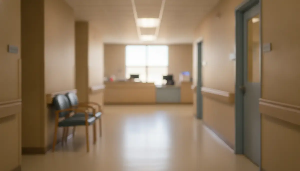 Couloir calme d'une unité de psychiatrie hospitalière, lumière naturelle