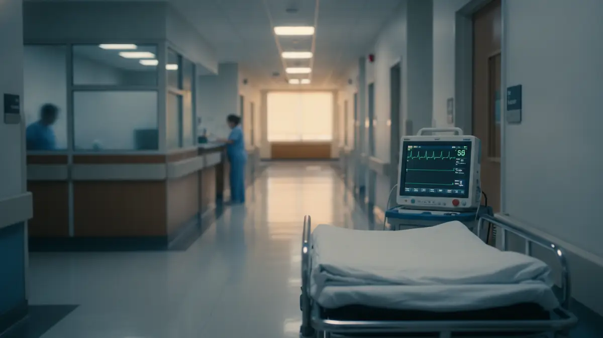 Couloir de service d'urgences cardiologiques d'un hôpital américain, un brancard et un moniteur de rythme cardiaque au premier plan