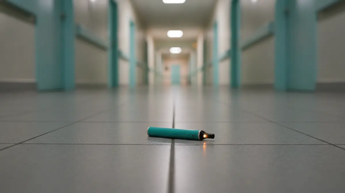 Vape jetable abandonnée sur le sol carrelé d'un couloir d'hôpital