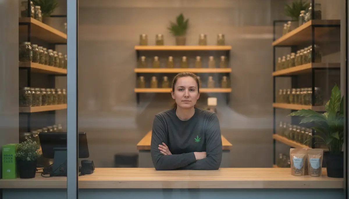 Vendeuse seule derrière le comptoir d'un magasin de cannabis, visible depuis la rue à travers une grande vitrine dégagée